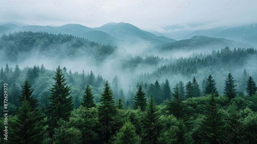 Hazy mountain landscape in morning mist Hazy mountain landscape in morning mist