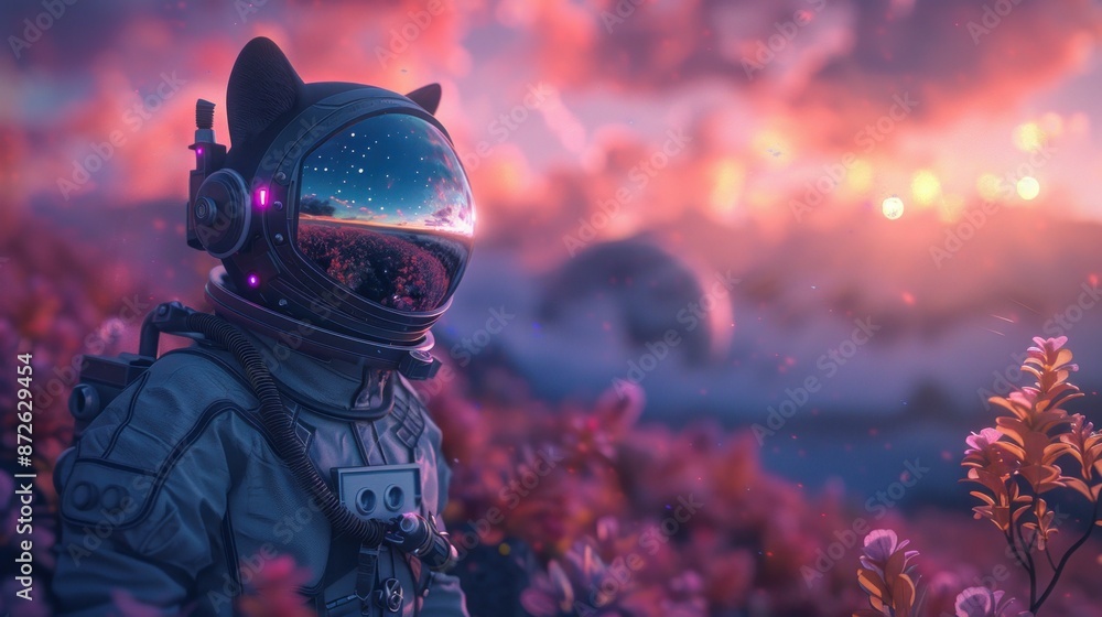 Obraz premium A 3D illustration of a humanoid figure with the head of a cat, exploring an alien planet. The character is dressed in a space suit, with intricate details on the helmet and suit. The alien landscape