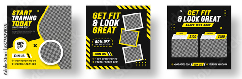Set of Fitness Gym social media post banner design template with yellow and black color. Sports or Workout exercise Stylish graphics template social media post square promotion banner. gym post banner