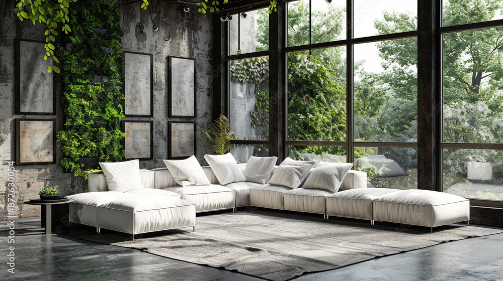 Elegant living room with lush greenery, modern furniture, and large windows. Elegant living room with lush greenery, modern furniture, and large windows.