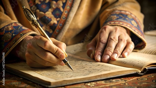 Close-up of hand of medieval manuscript scribe - calligraphy photo