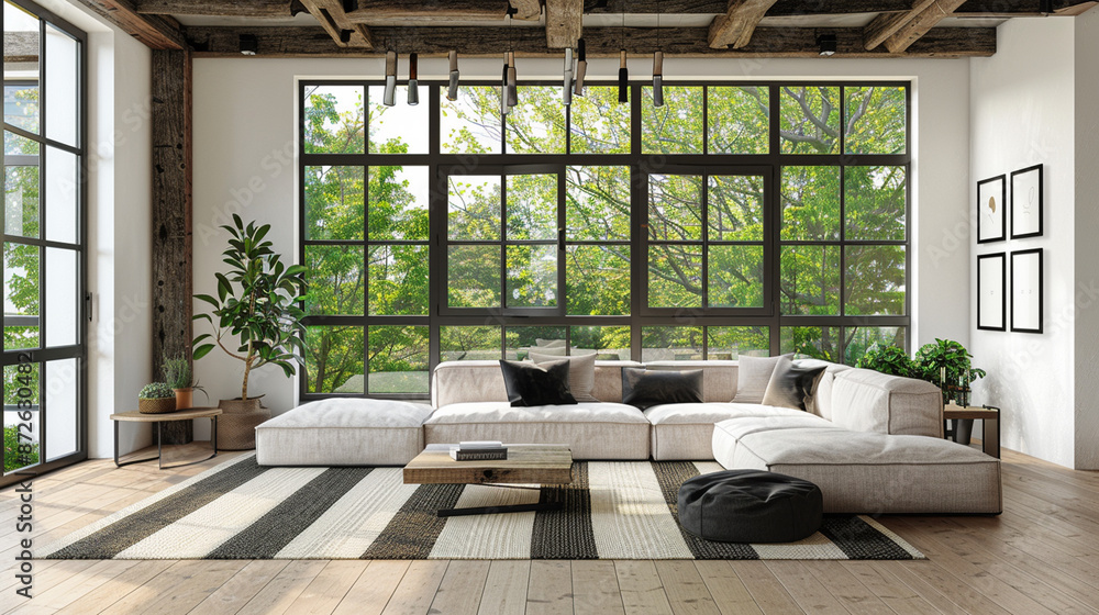 Fototapeta premium Industrial loft-style living room with exposed brick walls, modern furniture, and large windows.