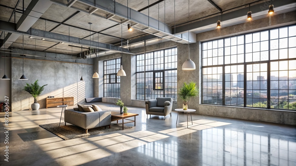 Concrete floor and grey wall modern loft interior with spotlights and natural light pouring in from large window on side. Concrete floor and grey wall modern loft interior with spotlights and natural light pouring in from large window on side.