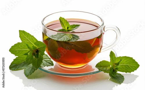 Refreshing mint tea with fresh mint leaves isolate on white background B