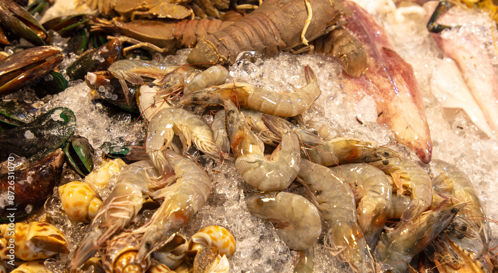 Shrimp and crayfish on ice at the market. Shrimp and crayfish on ice at the market.
