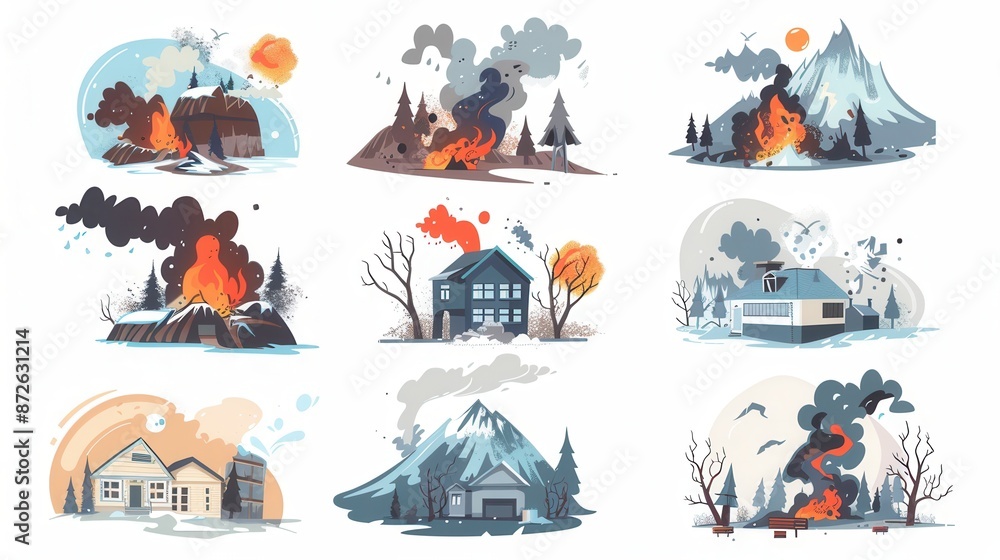 Obraz premium Nine cartoon illustrations of natural disasters - forest fires, hurricanes, earthquakes, blizzards - show their impact on landscapes and homes. Generative AI