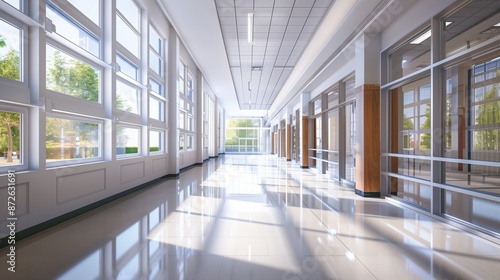 Spacious high school corridor featuring clean lines and large windows