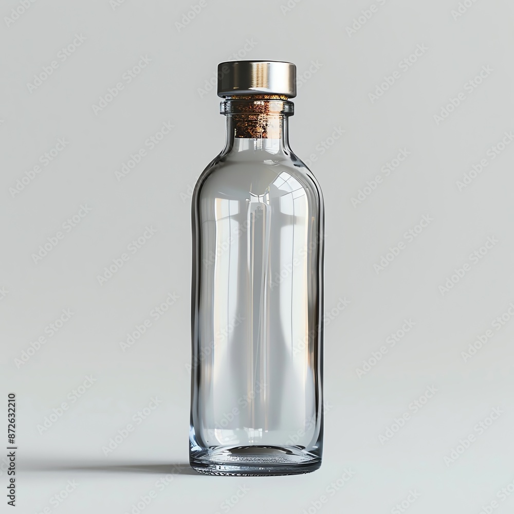 Clear glass bottle with silver cap, minimalist design, on white background Clear glass bottle with silver cap, minimalist design, on white background