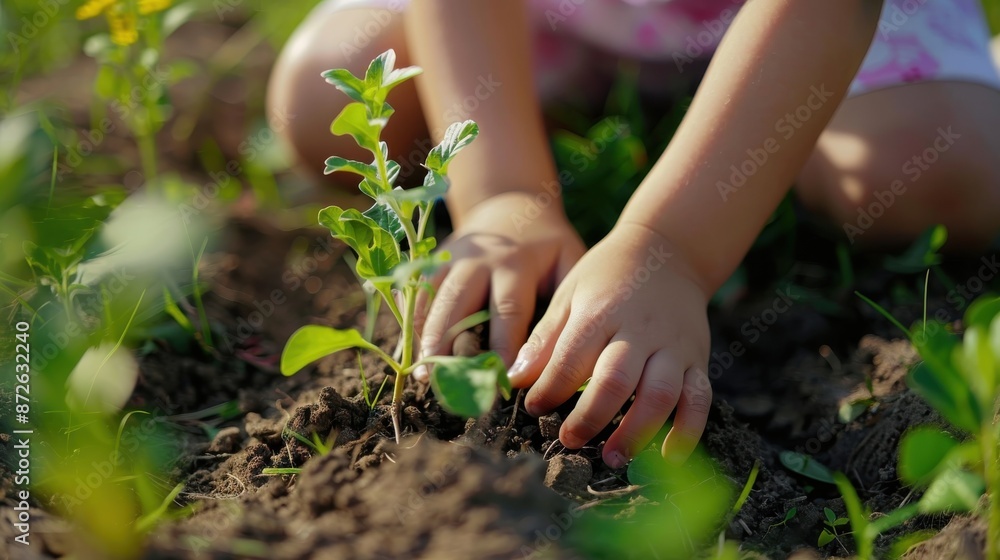 Fototapeta premium Close-up of children hands planting a tree in the soil, Planting young tree by kid hand on back soil as care and save wold 