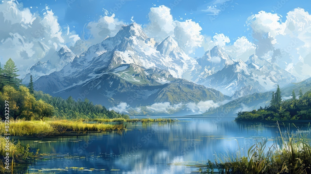 Towering mountains standing in majestic splendor Towering mountains standing in majestic splendor