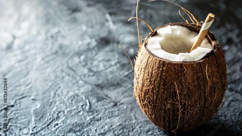 Fresh coconut with straw on textured surface, ready to drink Fresh coconut with straw on textured surface, ready to drink