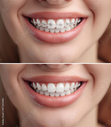 Before and After: Woman Smile Transformation with Dental Braces - Closeup Teeth Healthcare Concept