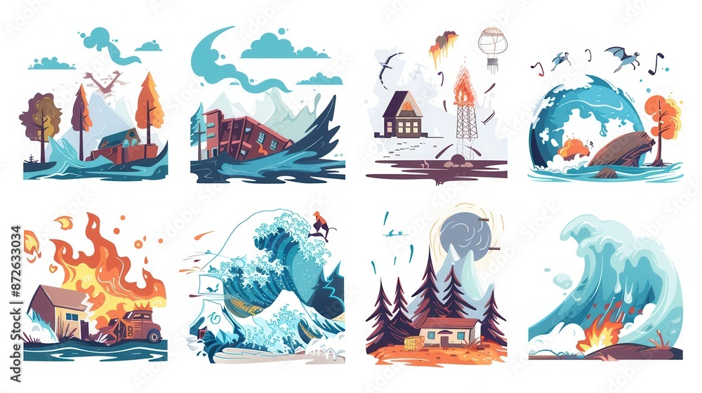 Naklejka premium Flat illustration set of natural disasters, including a hurricane, forest fire, flooding, earthquake, and snow blizzard. Generative AI