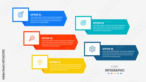 Five Step Infographic design element template for presentation. info graphic illustration. process diagram and presentations step,  banner, flow chart, 5 option template.