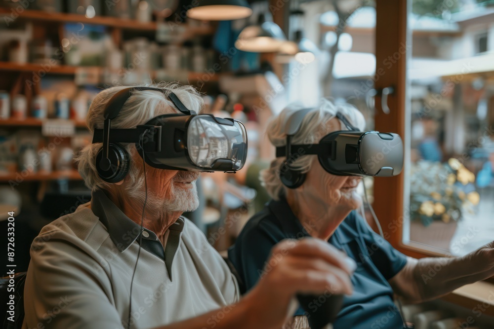 Senior couple enjoying VR games together. Senior couple enjoying VR games together.