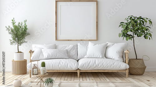 Minimalist living room with white sofa, wooden flooring, and indoor plants.