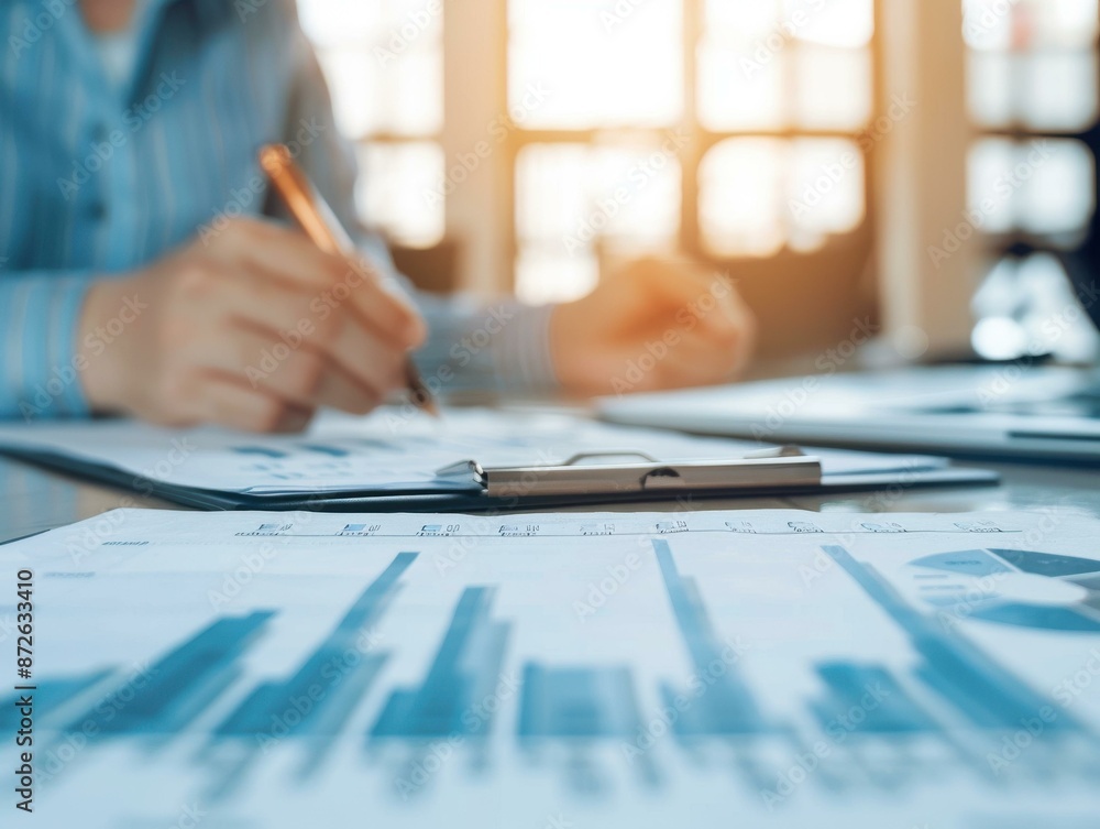 A close-up of financial graphs and charts being analyzed during a business meeting. A close-up of financial graphs and charts being analyzed during a business meeting.