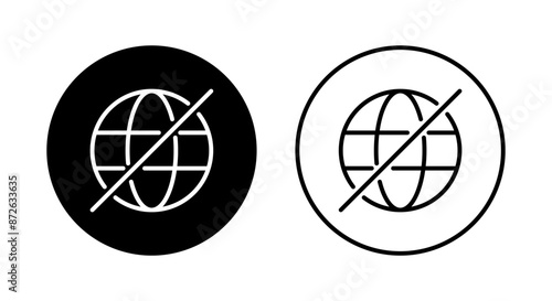 No internet, crossed out globe icon on black circle. Offline, network off concept