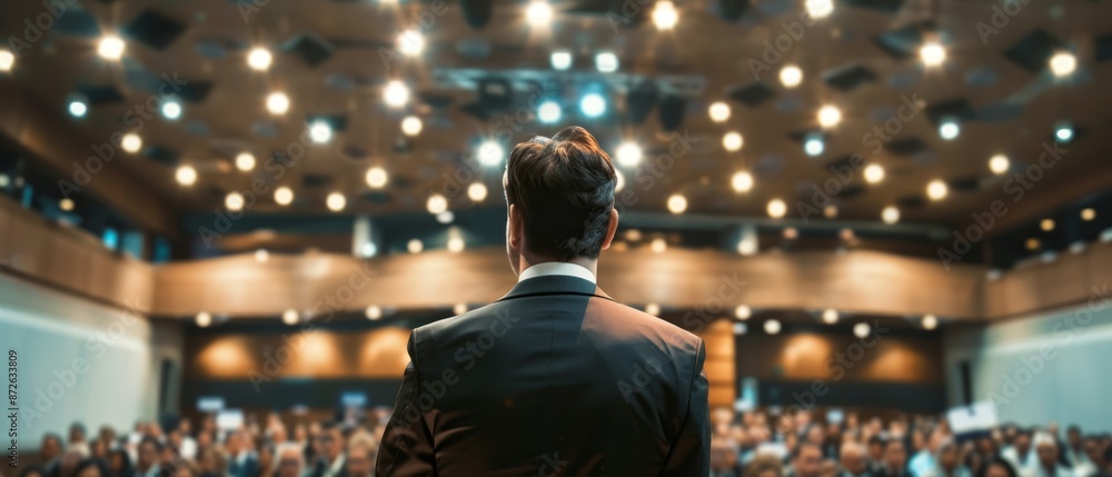 Fototapeta premium Celebrating Business Excellence, Visionary CEO Receiving Award in Modern Conference Hall