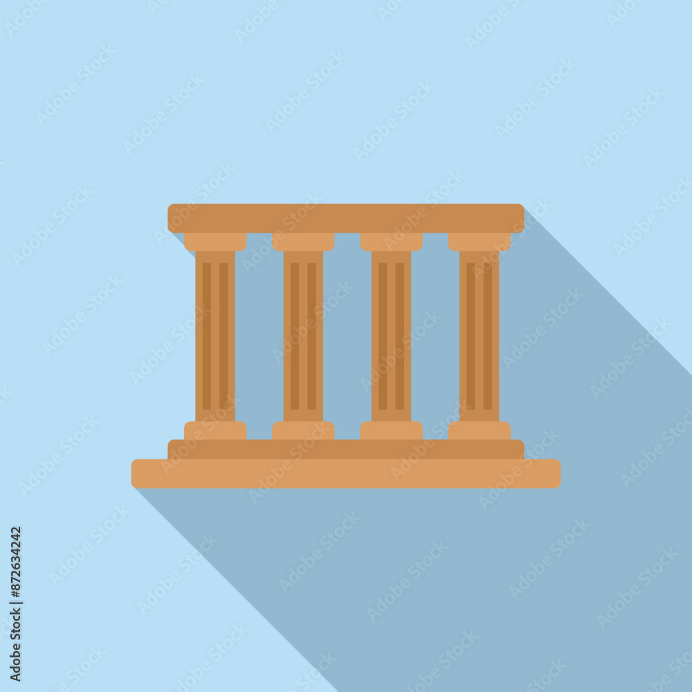 Four ancient greek columns are standing on a base, casting a long shadow on a blue background