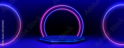 Hexagon podium on neon light background. Vector realistic illustration of dark showroom for modern product presentation with purple and blue glowing rings, technology showroom, nightclub stage design
