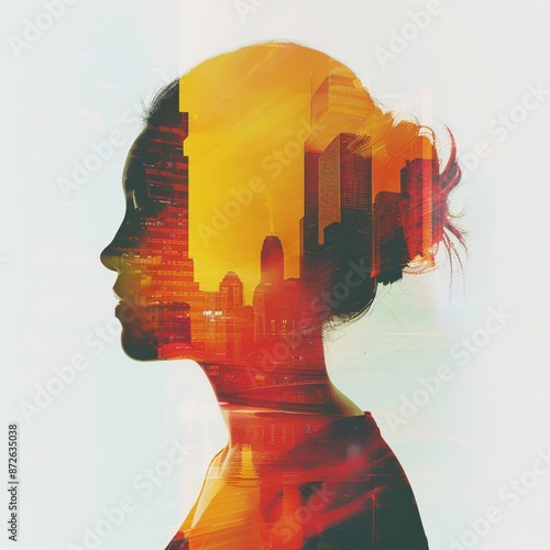 Algorithmic content design close up, focus on, copy space Vivid colors Double exposure silhouette with graphic elements