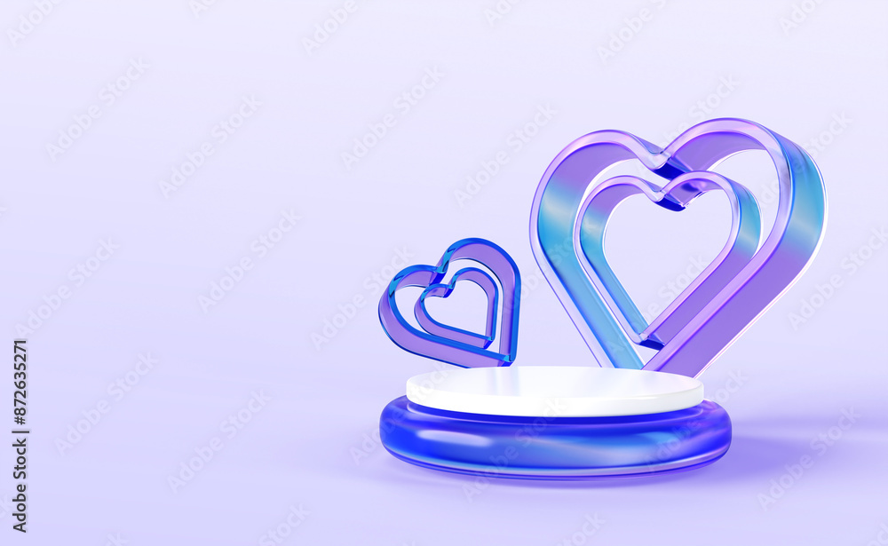 3d blue glass podium display with crystal light hologram neon gradient heart frames on purple background. Love symbol platform, valentine day gift presentation, pedestal render mockup. 3D illustration 3d blue glass podium display with crystal light hologram neon gradient heart frames on purple background. Love symbol platform, valentine day gift presentation, pedestal render mockup. 3D illustration