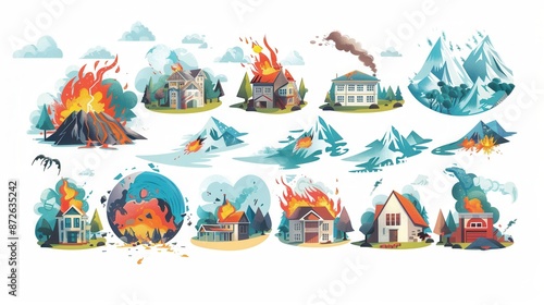 A set of colorful cartoon illustrations depicting various natural disasters including volcanic eruptions, forest fires, earthquakes, floods, and blizzards. Generative AI