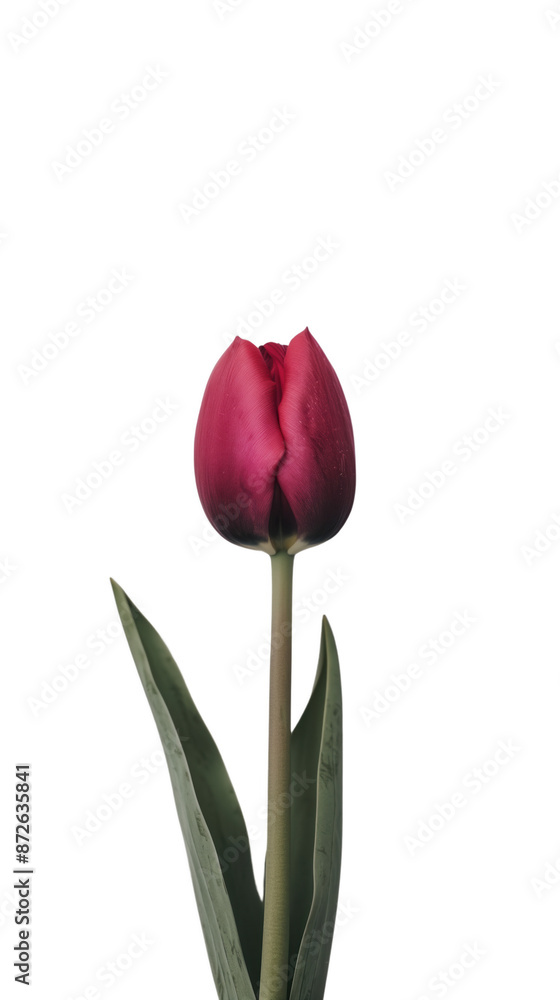 A beautiful close-up of a single red tulip with green leaves, png transparent, no background. Ideal for floral and botanical designs or nature themes. A beautiful close-up of a single red tulip with green leaves, png transparent, no background. Ideal for floral and botanical designs or nature themes.