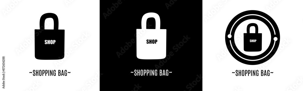 Shopping bag logo set. Collection of black and white logos. Stock vector. Shopping bag logo set. Collection of black and white logos. Stock vector.