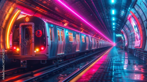 Futuristic Subway Train in Neon-Lit Tunnel - Generative AI © studio clever
