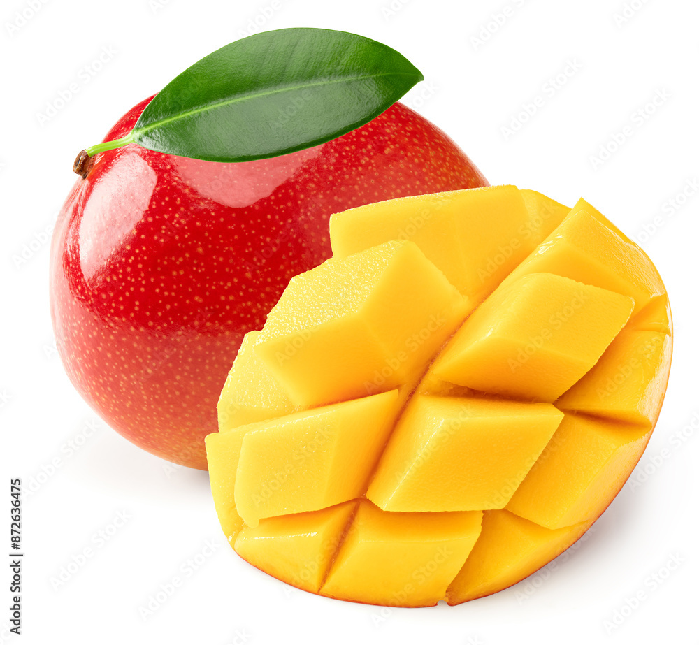 mango with slices and green leaves isolated on white background. clipping path mango with slices and green leaves isolated on white background. clipping path
