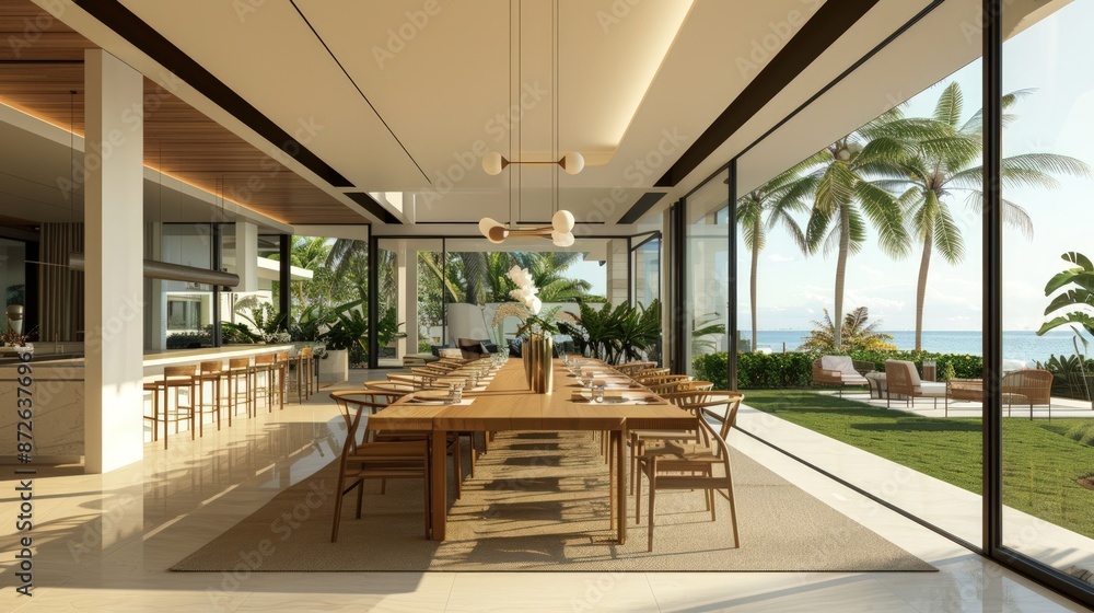 Fototapeta premium A large open living room with a long dining table and chairs. Generate AI