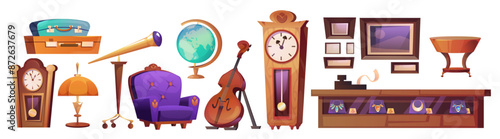 Antique store furniture and elements. Vintage used objects for flea market or pawn shop concept - floor clock and armchair, showcase with jewelry and cash desk, telescope and globe, lamp and suitcase.