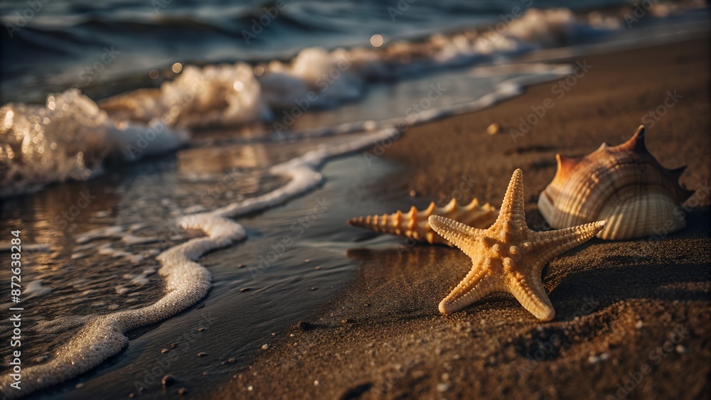 Starfish and seashell on a sandy beach at sunset with gentle waves lapping onshore, creating a serene coastal scene. Starfish and seashell on a sandy beach at sunset with gentle waves lapping onshore, creating a serene coastal scene.