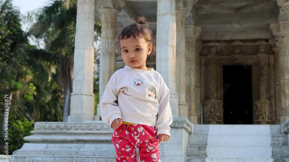 cute toddler innocent expression at temple courtyard at day from unique perspective