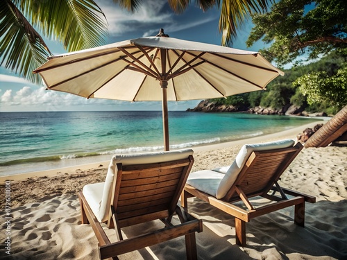 Wallpaper Mural Two lounge chairs under an umbrella on a tropical beach with palm trees, golden sand, and turquoise water. Perfect vacation spot. Torontodigital.ca