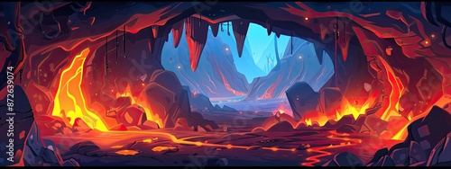 The landscape of an underground cave with lava and fire. Cartoon illustration.