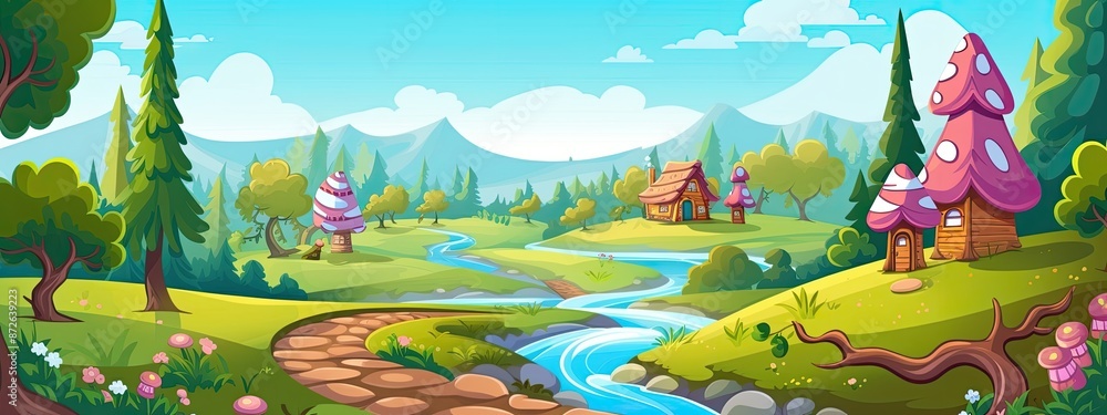 Fototapeta premium A panoramic landscape of a candy country with gingerbread houses and river. Cartoon illustration.