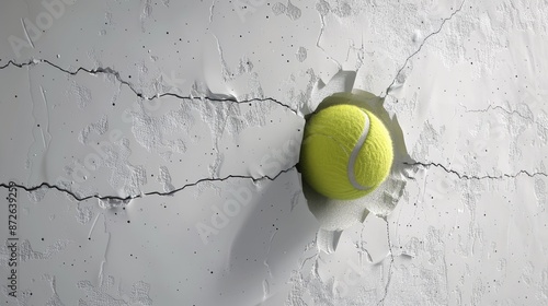 Close-up of a baseball stuck in a concrete wall.