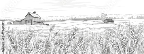 Panoramic view of an agricultural field with wheat in the background and a wooden barn. Sketch illustration.