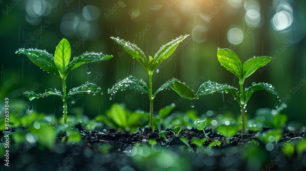 Young Green Seedlings with Water Droplets in the Rain - Generative AI Young Green Seedlings with Water Droplets in the Rain - Generative AI