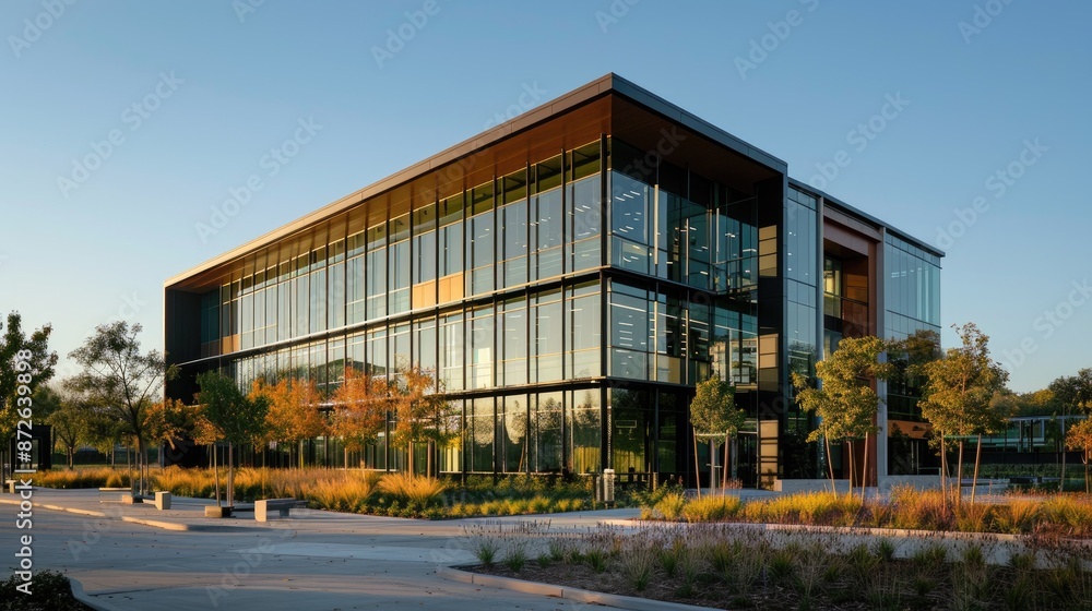 Fototapeta premium Large glass building with a green courtyard in front of it. The building is modern and sleek, with large windows that let in plenty of natural light. The courtyard is filled with trees and plants