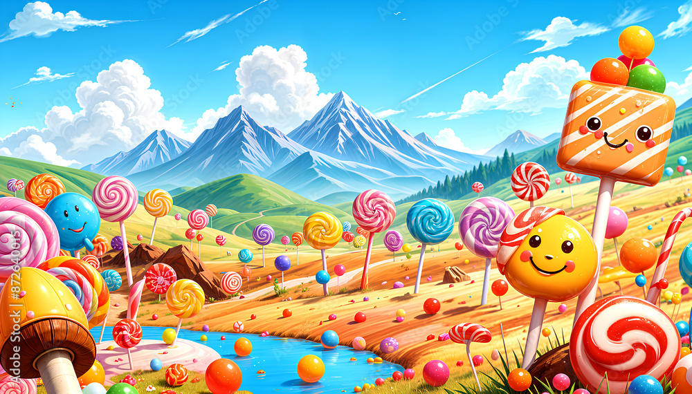 A colorful and whimsical candy-themed landscape with lollipops, gumdrops, chocolate bars, and other sweets A colorful and whimsical candy-themed landscape with lollipops, gumdrops, chocolate bars, and other sweets