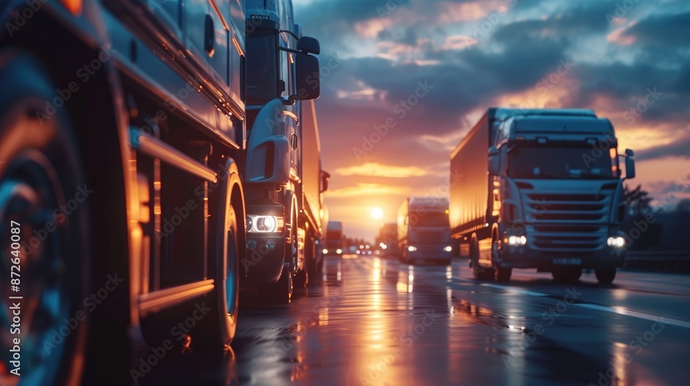 Fototapeta premium Row of semi trucks are parked on a wet road. The trucks are all white and are parked in a line. The scene is dark and rainy, with the trucks' headlights illuminating the wet road