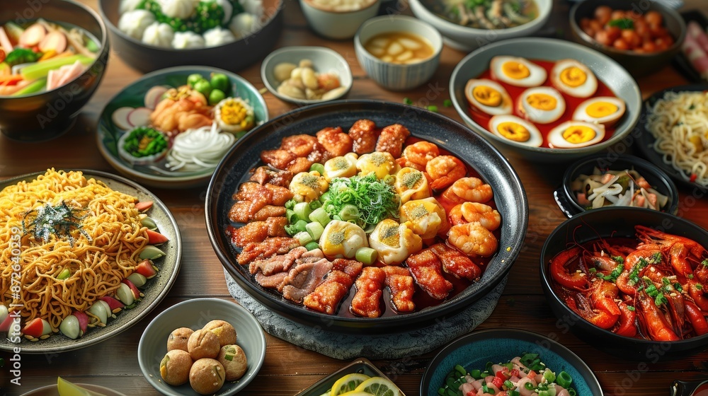 A table full of food with a variety of dishes including shrimp, noodles, and eggs. The table is set for a large gathering of people to enjoy the meal together A table full of food with a variety of dishes including shrimp, noodles, and eggs. The table is set for a large gathering of people to enjoy the meal together