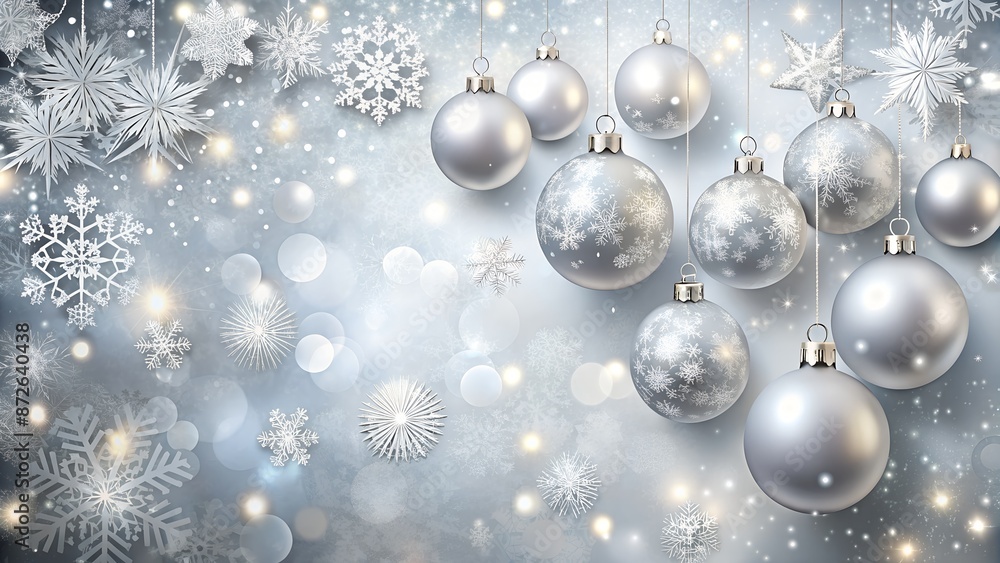 Silver Christmas Background with Snowflakes and Ornaments. Perfect for: Christmas, Winter Holidays, Seasonal Greetings, Festive Events Silver Christmas Background with Snowflakes and Ornaments. Perfect for: Christmas, Winter Holidays, Seasonal Greetings, Festive Events