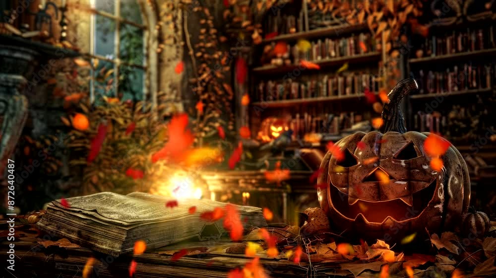 the Halloween decorations, you find an old, dusty journal with cryptic entries about a rooftop curse. seamless looping time-lapse virtual 4k video animation the Halloween decorations, you find an old, dusty journal with cryptic entries about a rooftop curse. seamless looping time-lapse virtual 4k video animation