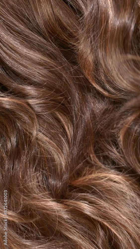 Vertical brown curly hair texture, close-up long hair background in slow motion Vertical brown curly hair texture, close-up long hair background in slow motion