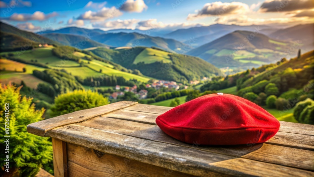 Traditional red beret lying on a rustic wooden table amidst a backdrop of scenic Basque countryside landscape and stone walls. Traditional red beret lying on a rustic wooden table amidst a backdrop of scenic Basque countryside landscape and stone walls.